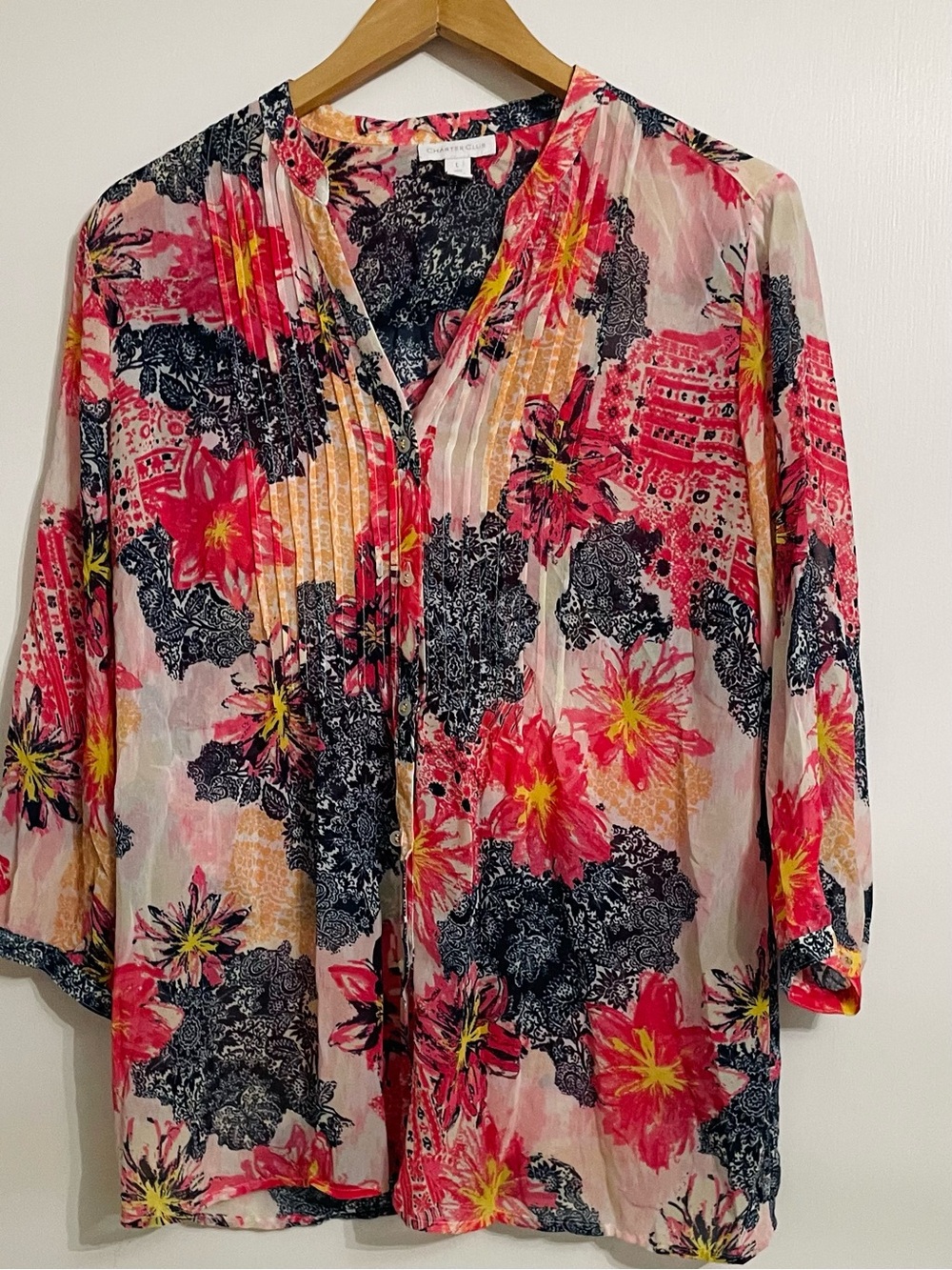 Charter Club Floral Pintuck Tunic - Pink, Yellow, Navy